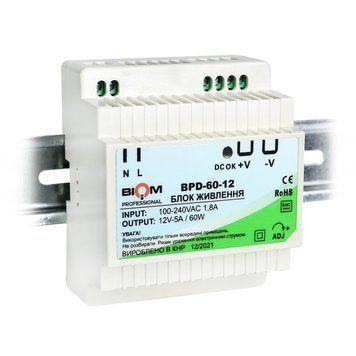 Блок питания Biom на DIN-рейку TH35/ЕС35 60W 5A 12V IP20 BPD-60-12 BPD-60-12 фото