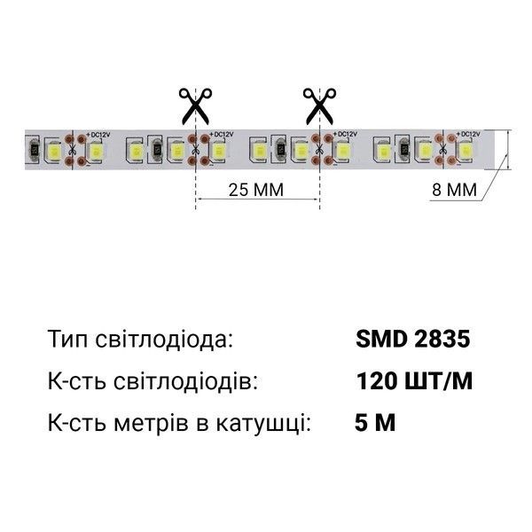 Світлодіодна стрічка Biom ST-12-2835-120-NW-20-V3 (12V, 120 д/м) нейтральна біла ST-12-2835-120-NW-20-V3 фото