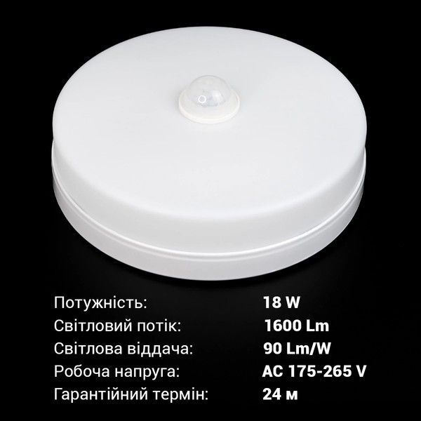 LED світильник накладний Biom BYR-04-18-5-IR 18W 5000K з ІЧ датчиком руху BYR-04-18-5-IR фото