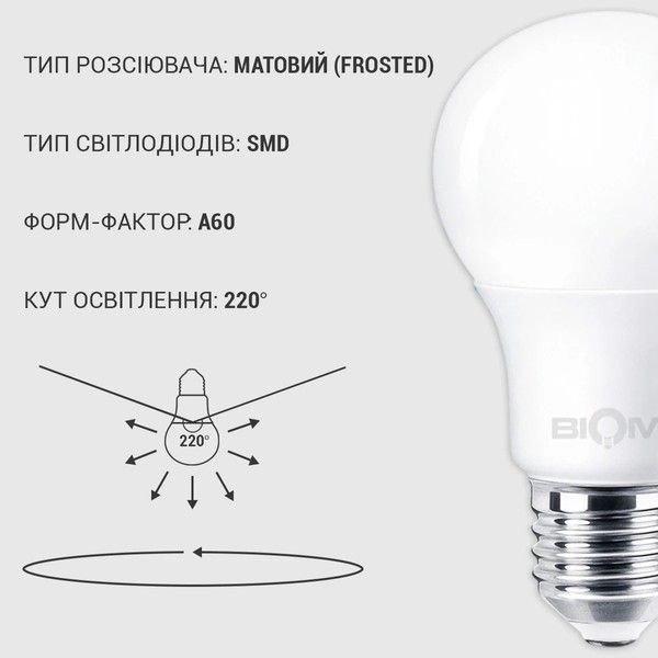 Світлодіодна лампа Biom BT-610 10W A60 E27 6400K Економ BT-610 фото